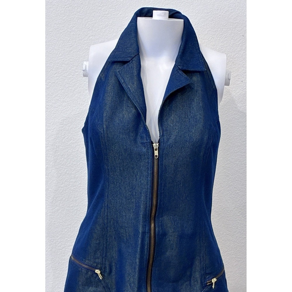 David Meister Y2K Metallic Denim Halter Dress Zip‎ Front USA Made Size 6 Rare